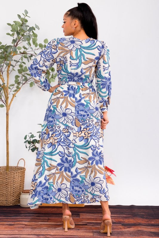 Blue Floral Print Long Sleeve Maxi Dress