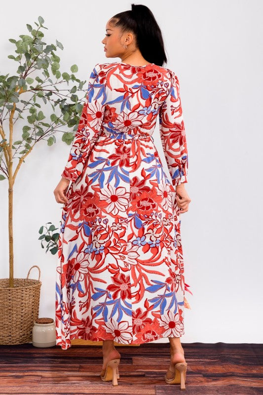 Red Floral Print Long Sleeve Maxi Dress