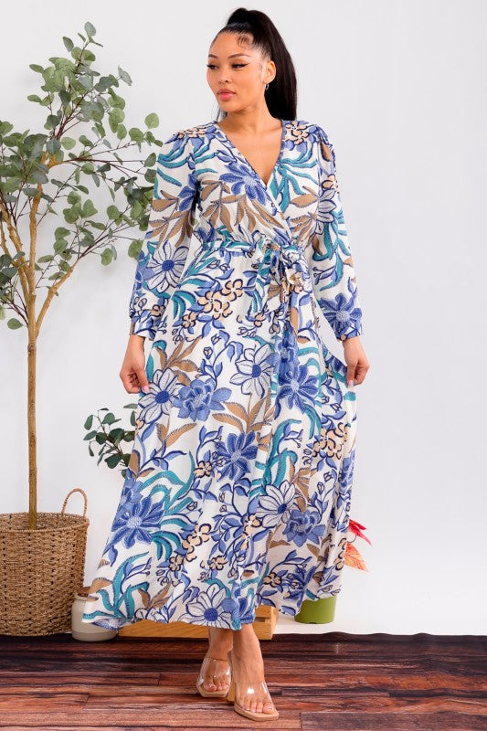 Blue Floral Print Long Sleeve Maxi Dress