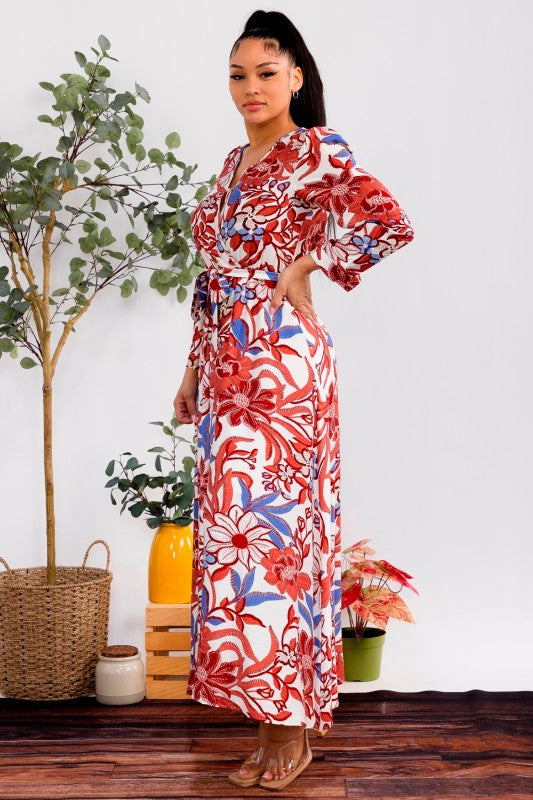 Red Floral Print Long Sleeve Maxi Dress