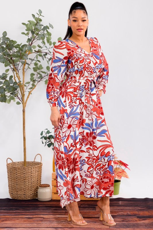Red Floral Print Long Sleeve Maxi Dress