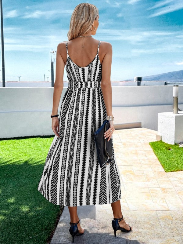 V Neck Geo Print Split Cami Dress