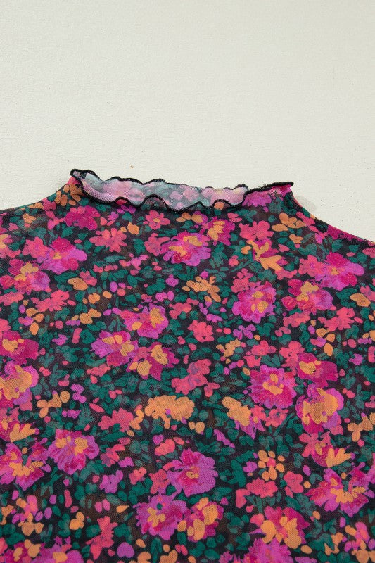 Retro Floral Printed Mesh Short Sleeve Top