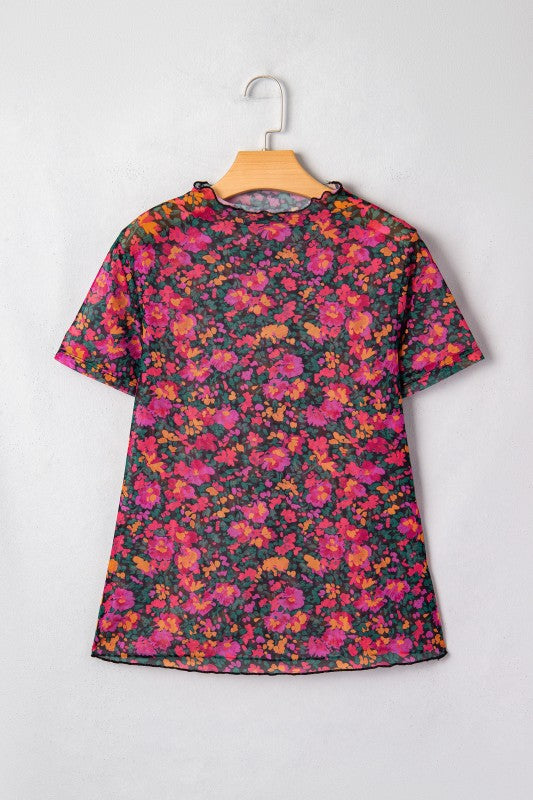 Retro Floral Printed Mesh Short Sleeve Top