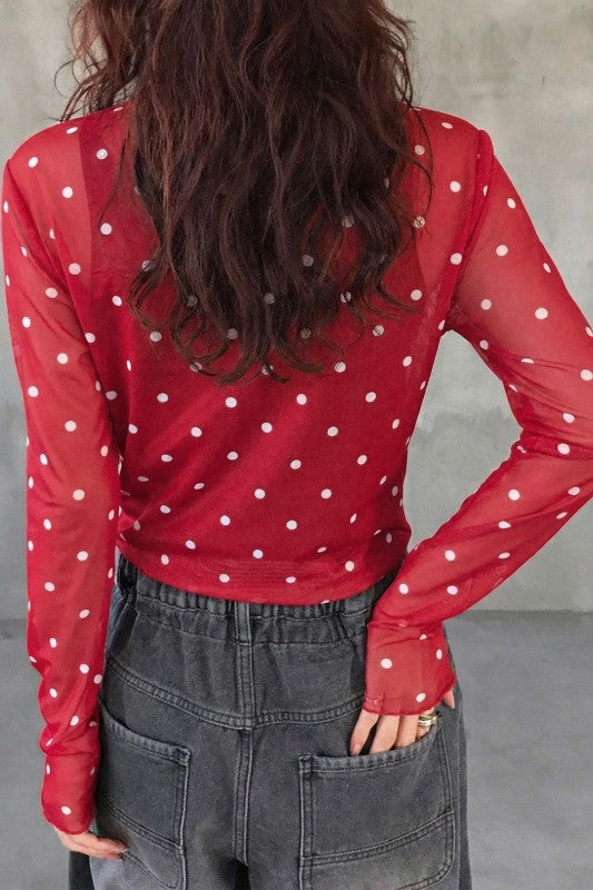 Polka Dot Mock Neck Mesh Long Sleeve Top