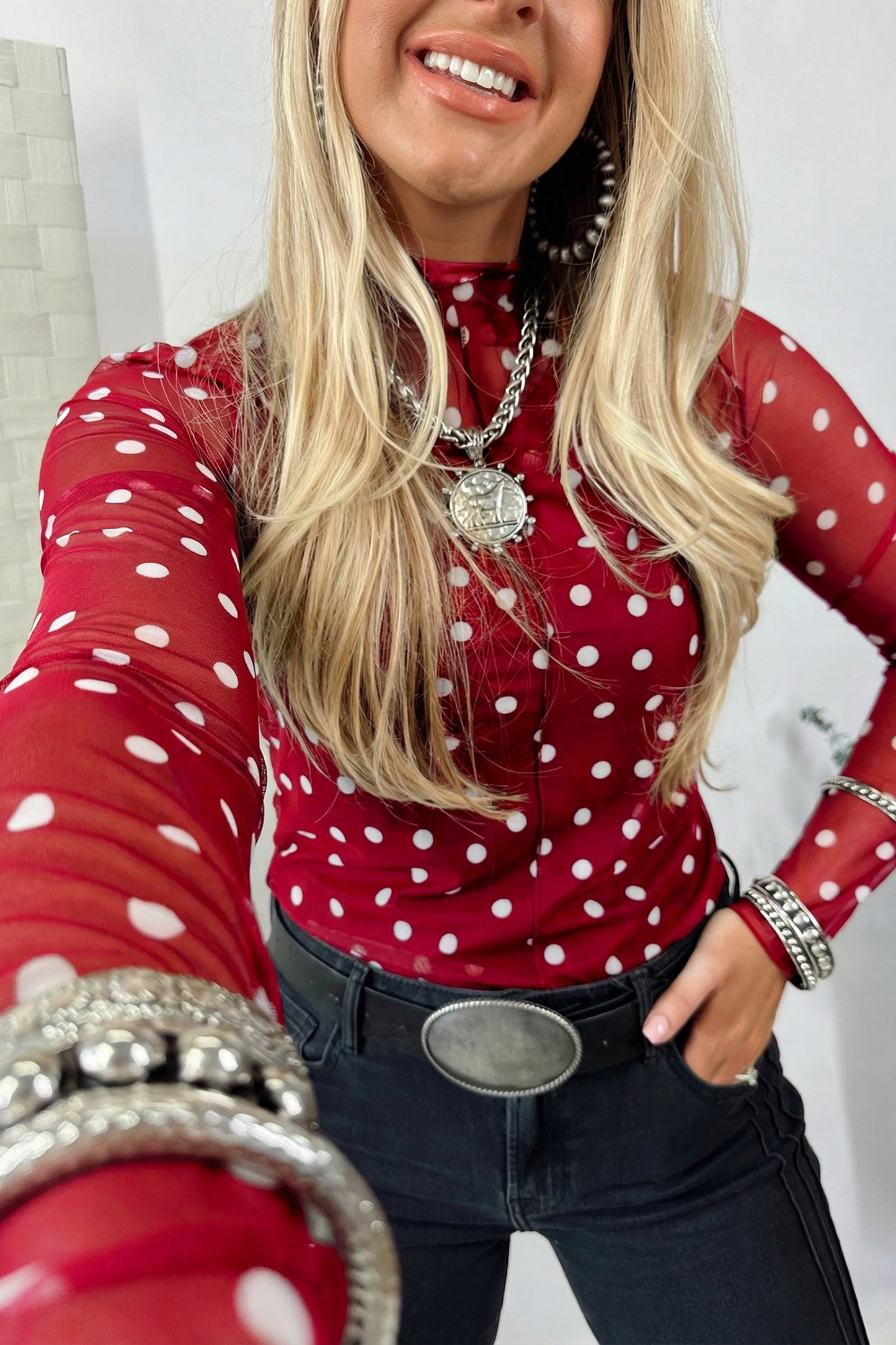 Polka Dot Mock Neck Mesh Long Sleeve Top