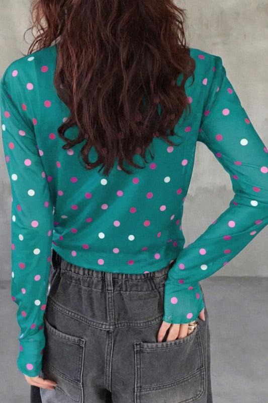 Polka Dot Mock Neck Mesh Long Sleeve Top