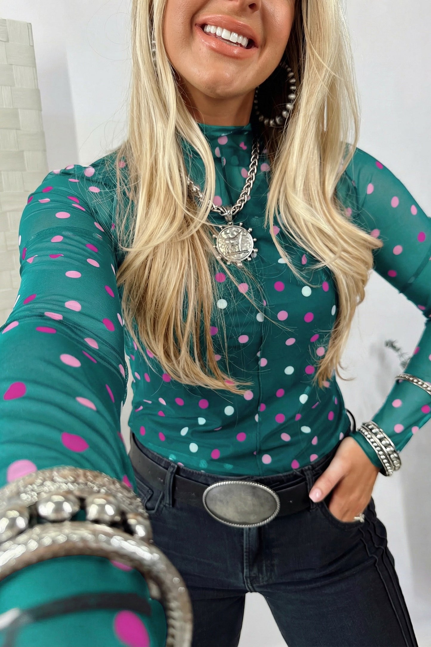 Polka Dot Mock Neck Mesh Long Sleeve Top