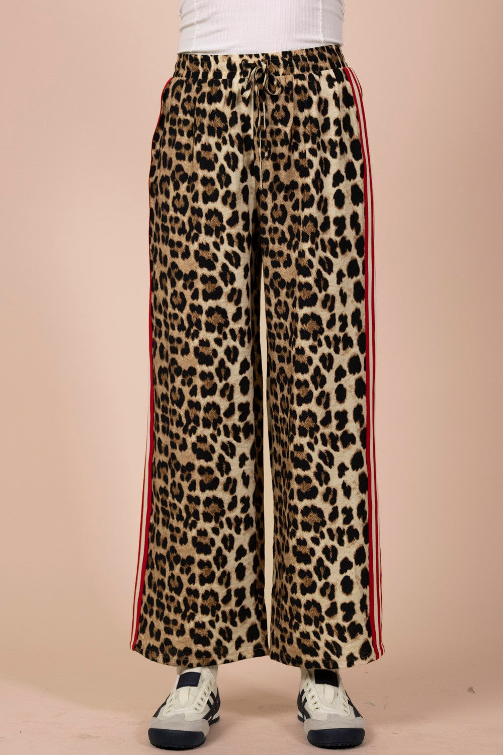 Side Stripe Tape Detail Leopard Wide Leg Pants