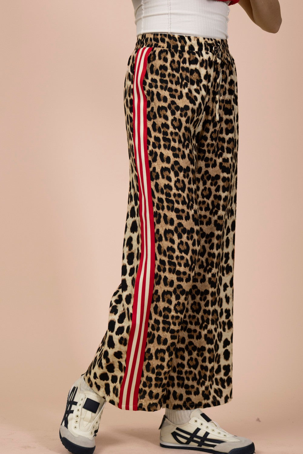 Side Stripe Tape Detail Leopard Wide Leg Pants