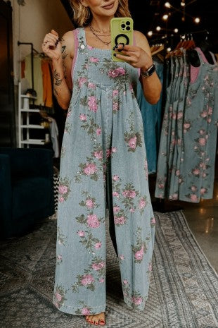Floral Print Pleated Denim Jumpsuit