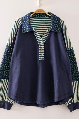 Very J Collar Sleeve Patchwork Top