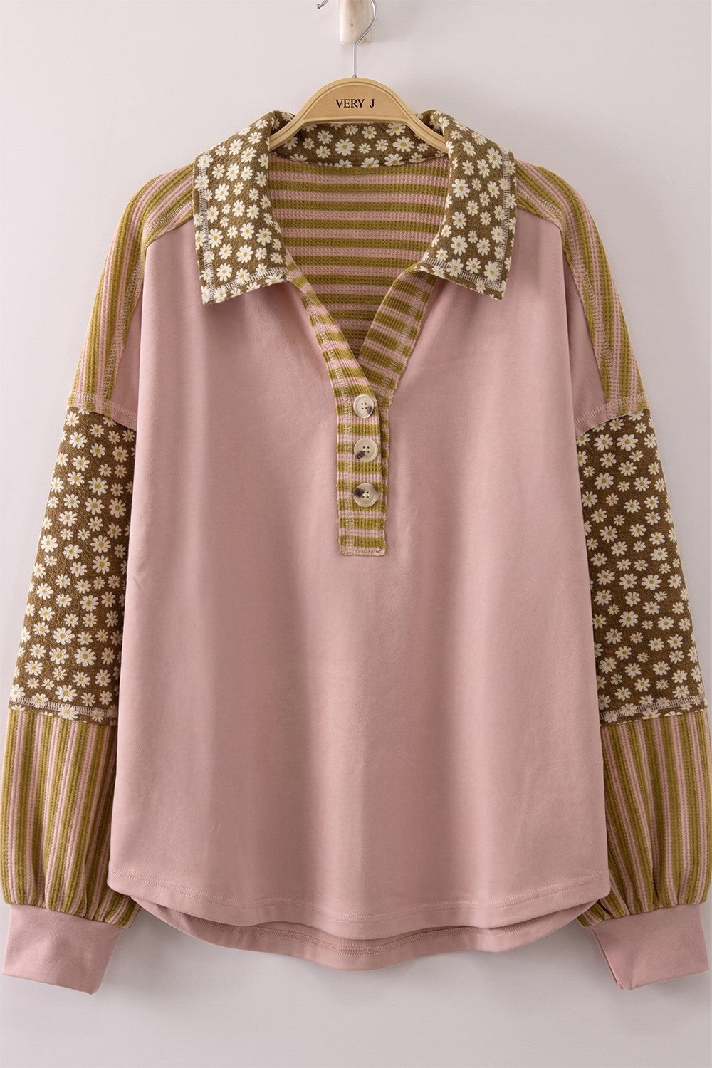 Very J Collar Sleeve Patchwork Top