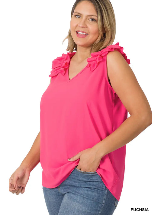 Plus Size Woven Dobby Ruffle Trim Sleeveless Top