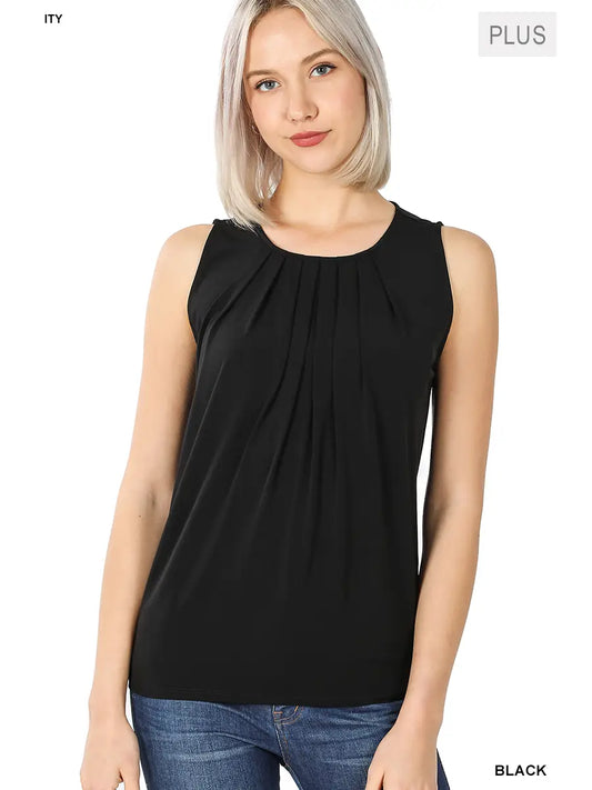 Plus Size Sleeveless Front Neck Pleated Top