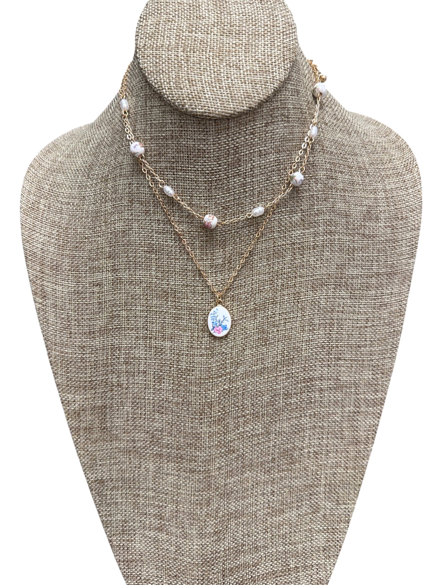 Gold Pink and Blue 2 Layer Necklace