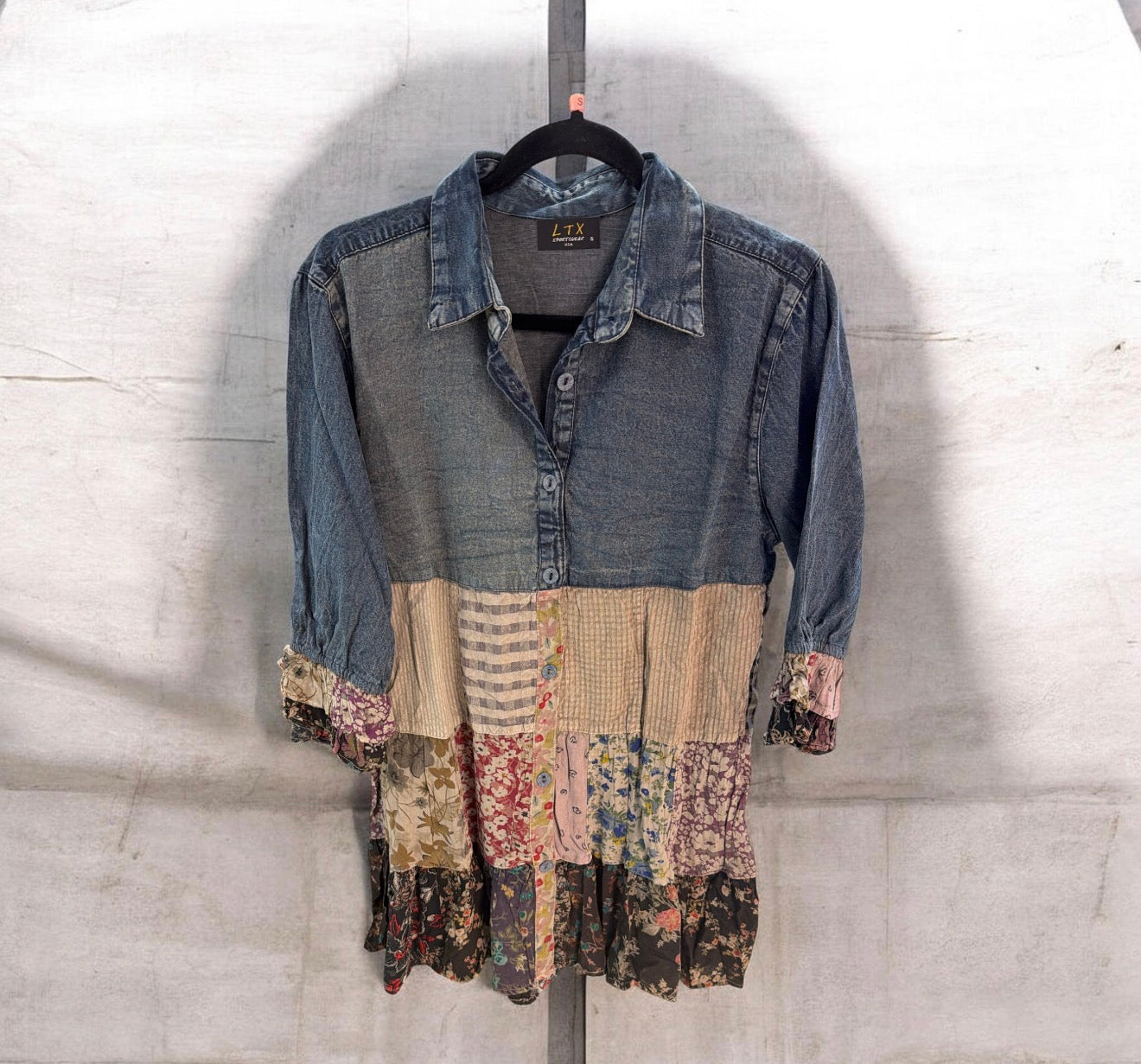 Denim Ruffle Sleeve Patchwork Top