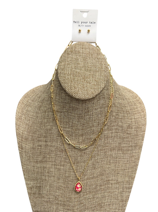 Gold Pink Tear Drop 2 Layer Necklace and Earring