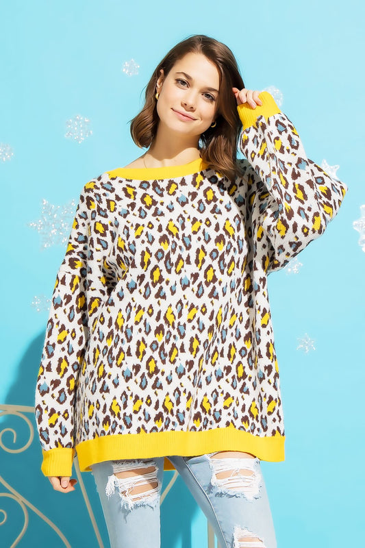Leopard Print Neon Color Pullover Sweater