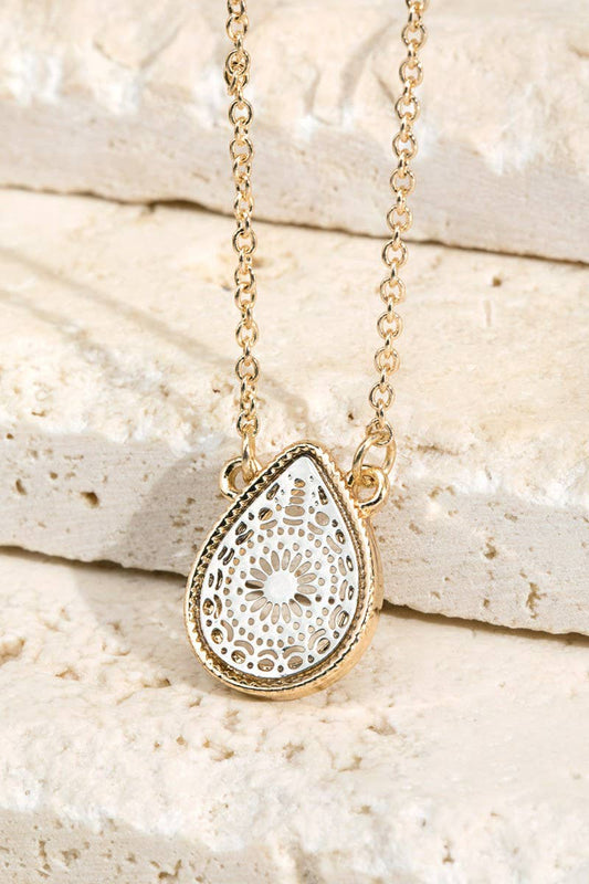 Brass Teardrop Filigree Pendant Necklace
