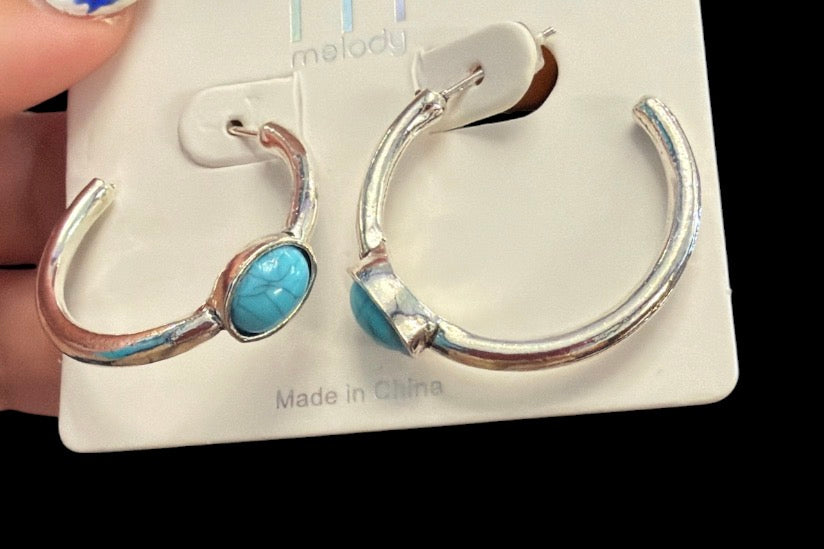 Turquoise Western Silver Hoop Earring￼