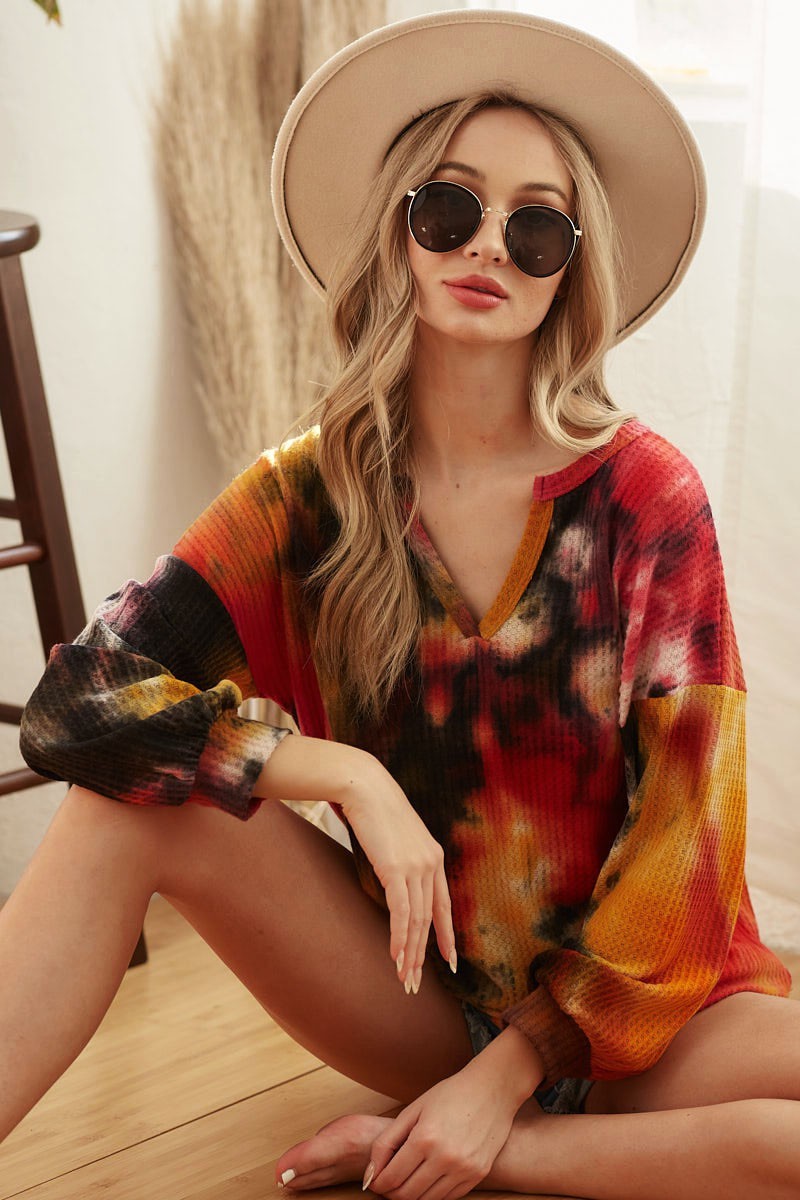 Tie Dye Brushed Waffle Top Bubble Sleeves