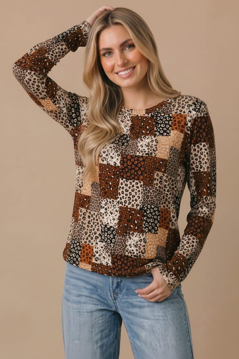 Round Neck Long Sleeve Soft Stretch Knit Top