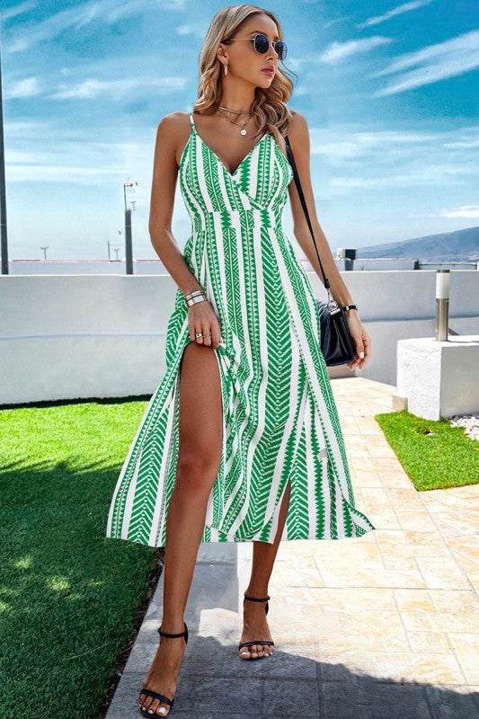 V Neck Geo Print Split Cami Dress