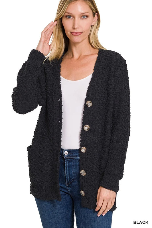 ZENANA LONG SLEEVE POPCORN BUTTON DOWN CARDIGAN
