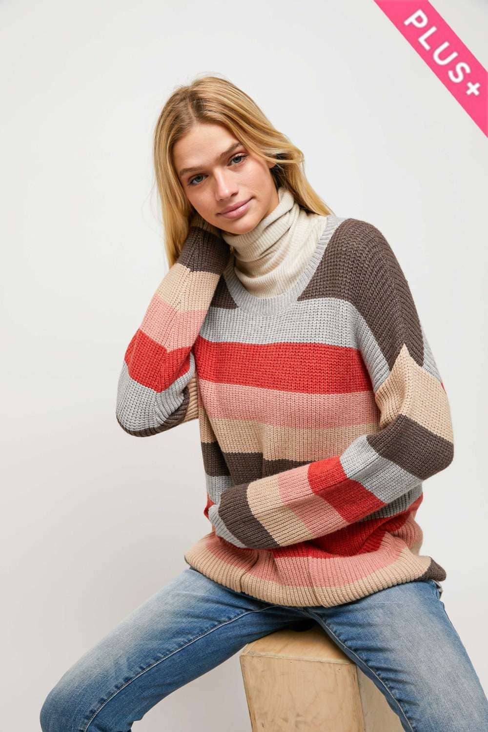MULTI STRIPE ROUND NECK LONG SLEEVE SWEATER