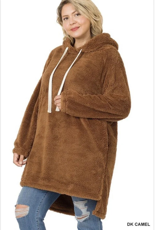 ZENANA HOODED FAUX FUR HI-LOW HEM PULLOVER WITH POCKETS