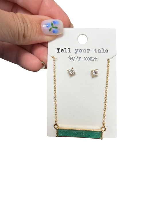 Gold Green Bar Necklace and Earring