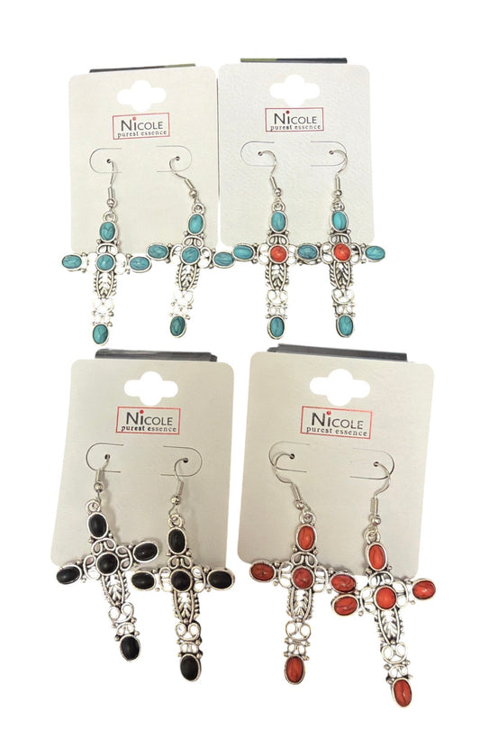 Crackled Stone Cross Earring