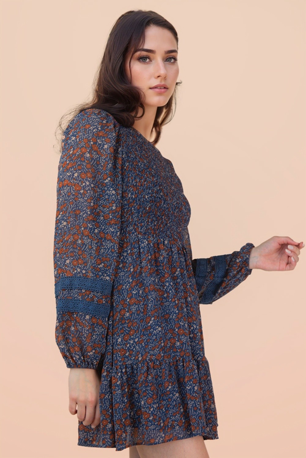 Lace Trim Smocking Printed Mini Dress