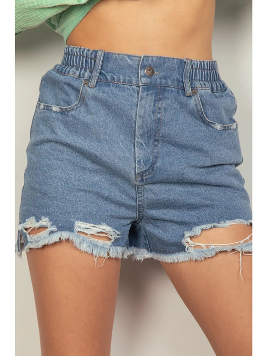 High Waist Distressed Washed Denim Shorts