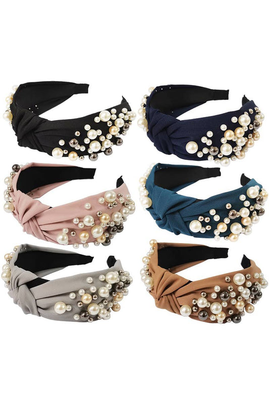 Lux Faux Pearl Metal Ball Twill Cotton Twist Knot Headband