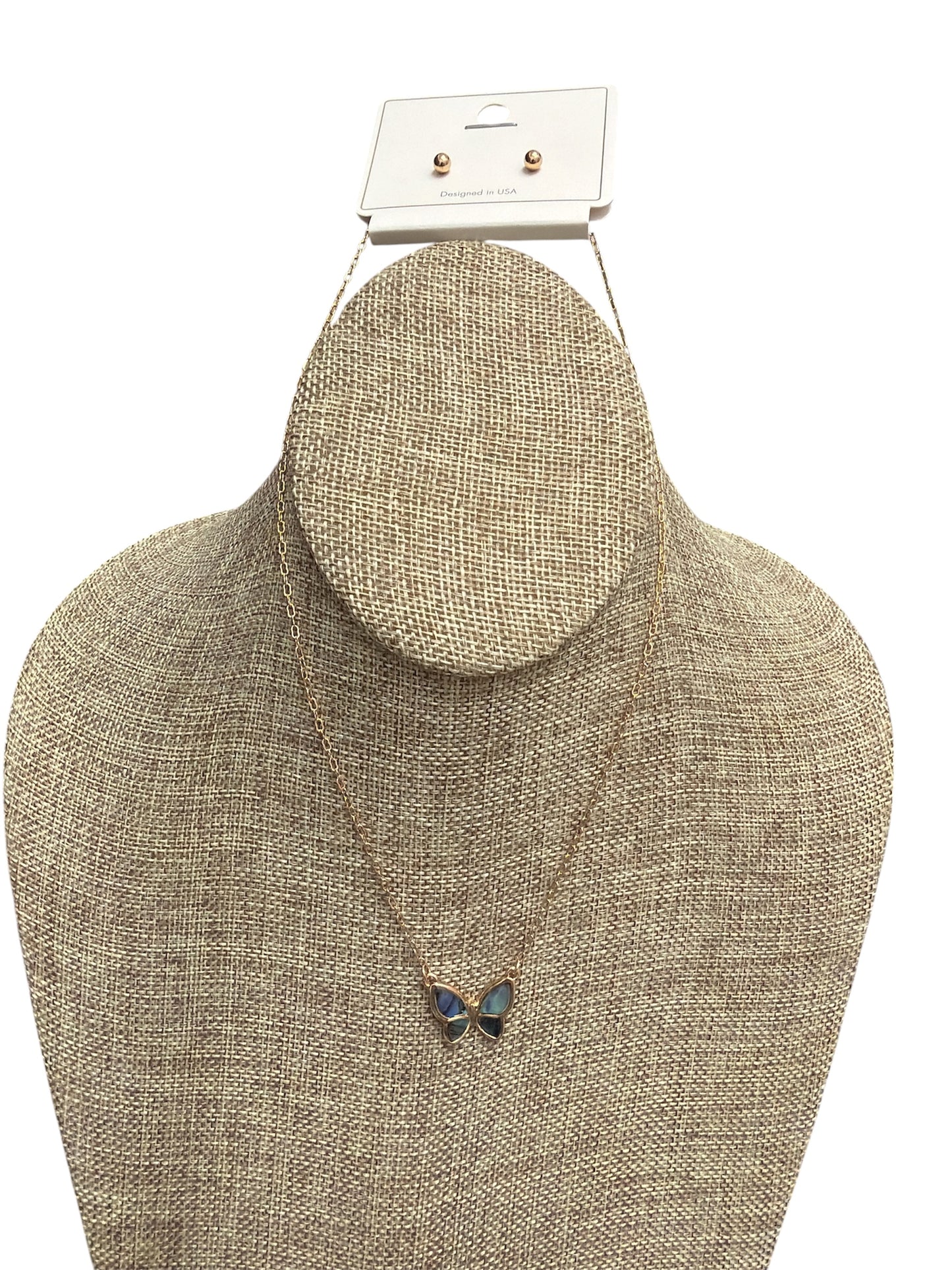 Gold Blue Iridescent Butterfly Necklace and Earring Set