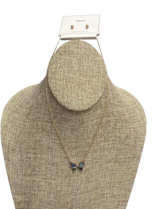 Gold Blue Iridescent Butterfly Necklace and Earring Set