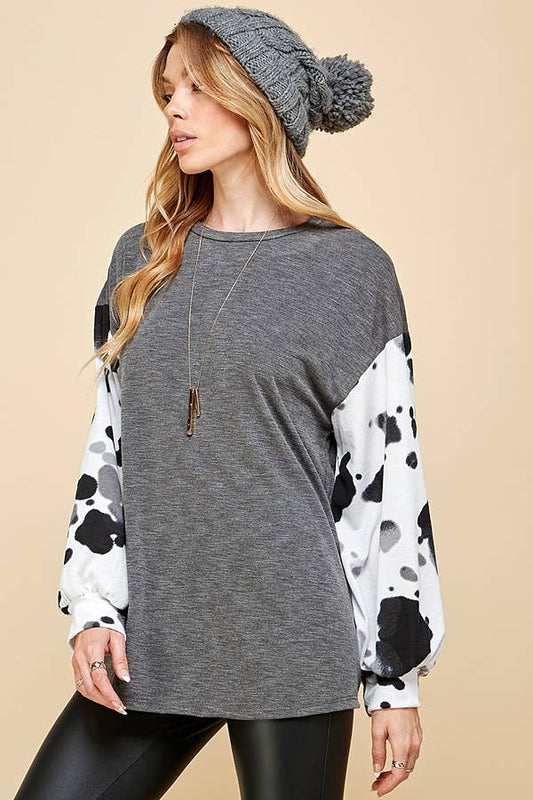 COW PRINT BLOCK LONG SLEEVE TOP