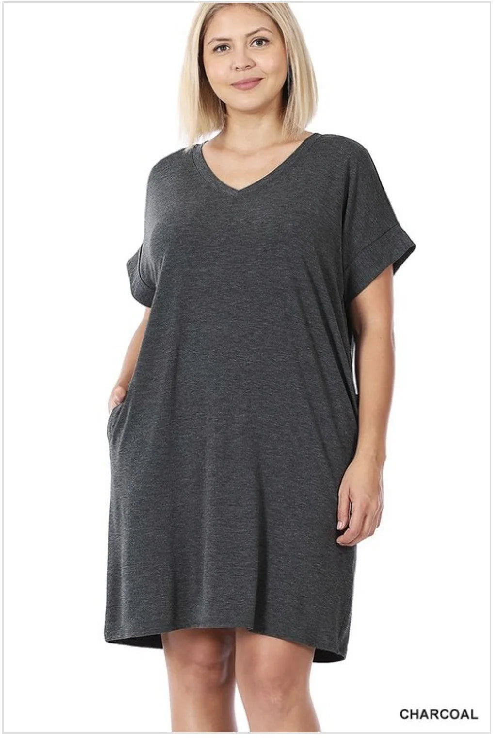 Zenana Plus Rolled Short Sleeve Dress w/ Pockets
