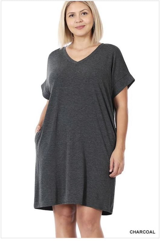 Zenana Plus Rolled Short Sleeve Dress w/ Pockets