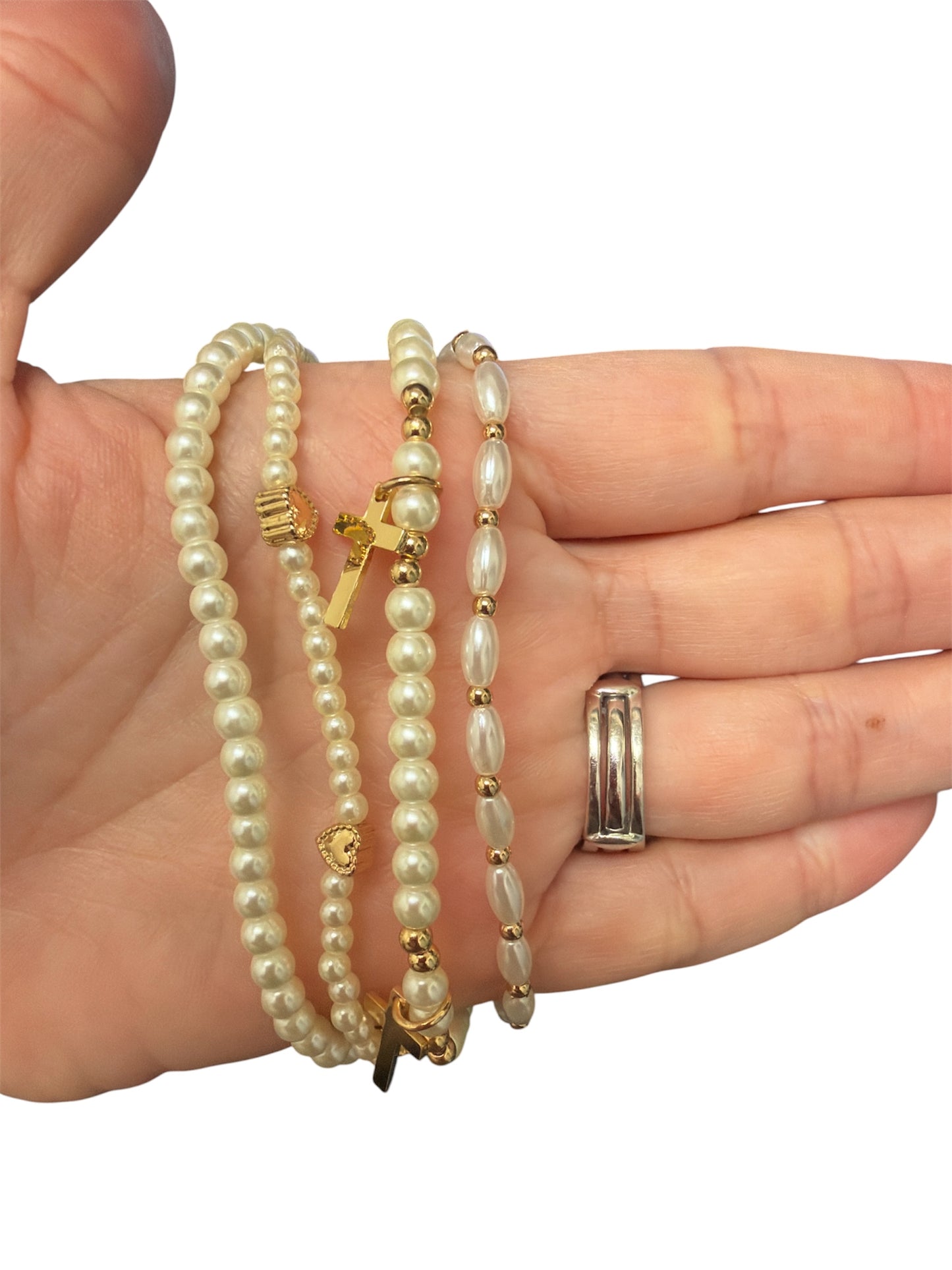 Gold and Pearl Heart and Cross Charm Bracelet