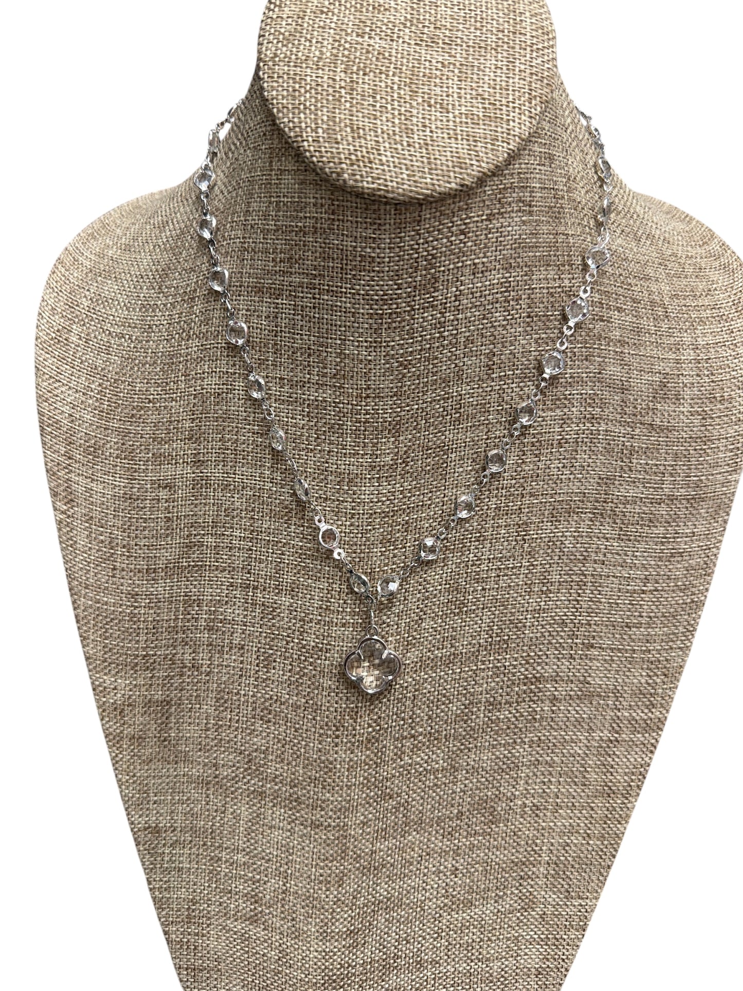 Silver Clear Rhinestone Clover Necklace