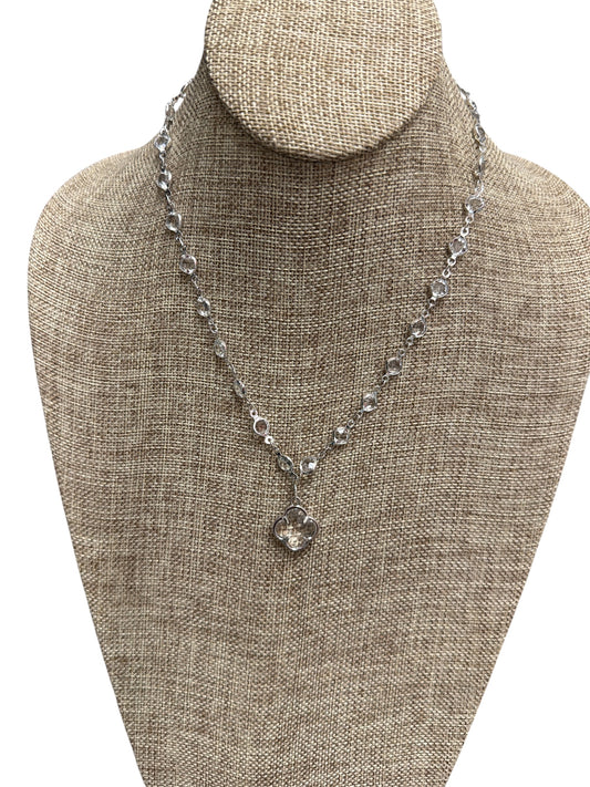 Silver Clear Rhinestone Clover Necklace