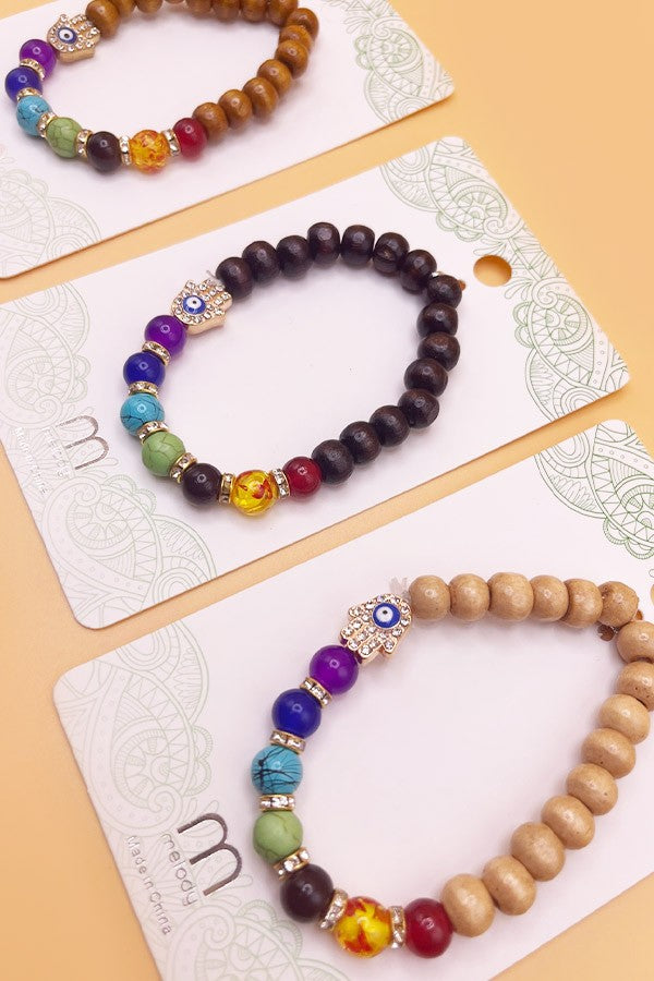 Evil Eye Wood Charm Beaded Bracelets