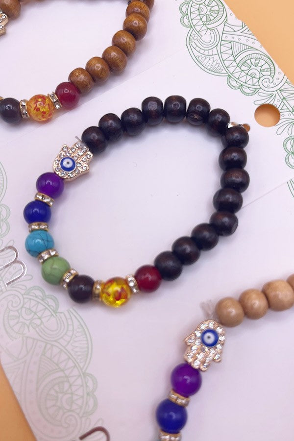 Evil Eye Wood Charm Beaded Bracelets
