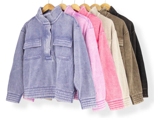 Zenana Acid Wash Snap Sweatshirt