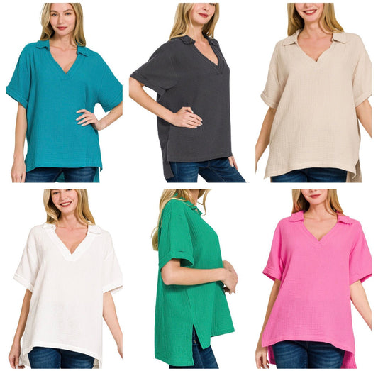 Zenana Collar Sleeve Gauze Top
