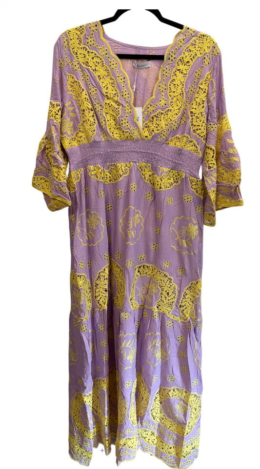 Embroidered Long Maxi Dress - Lavender/Yellow