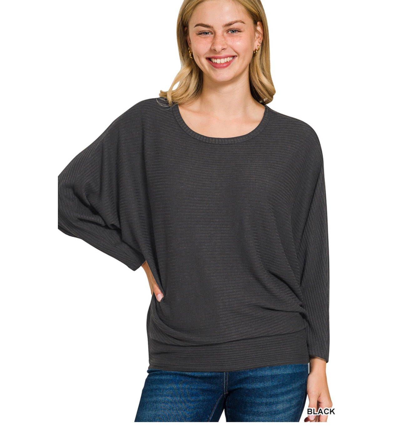 Zenana Ribbed Dolman Sleeve Top